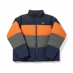 Lacoste Tri-Tone Puffer Jacket in Orange, Gray, and Navy